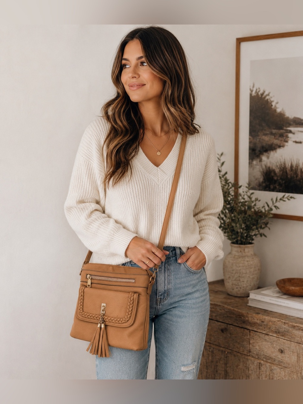 Tan Crossbody Bag with Braided Front and Tassel Accent